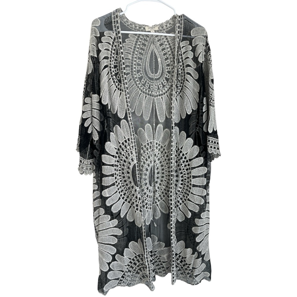 Umgee Black Cream Sheer Mesh Lace Netted Crochet Kimono Open Cardigan S